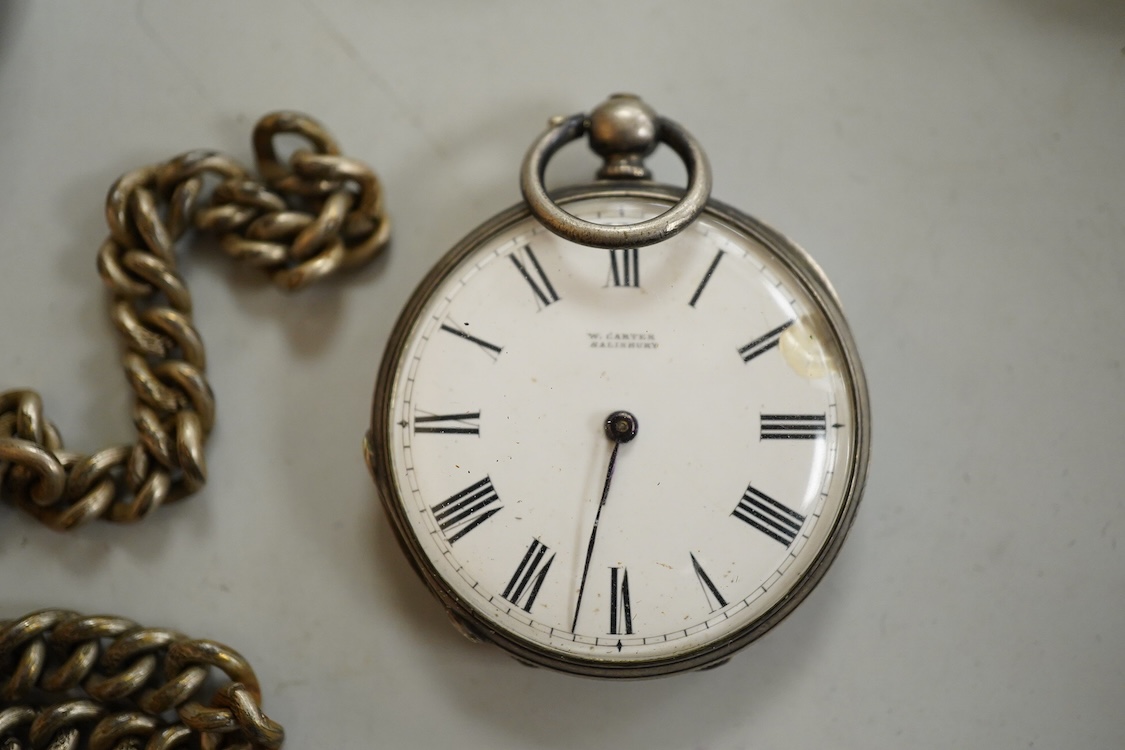 A late Victorian silver 'Improved Patent' open faced pocket watch, with Roman dial and subsidiary seconds, together with four other silver or white metal pocket/fob watches and three base metal chain sections.